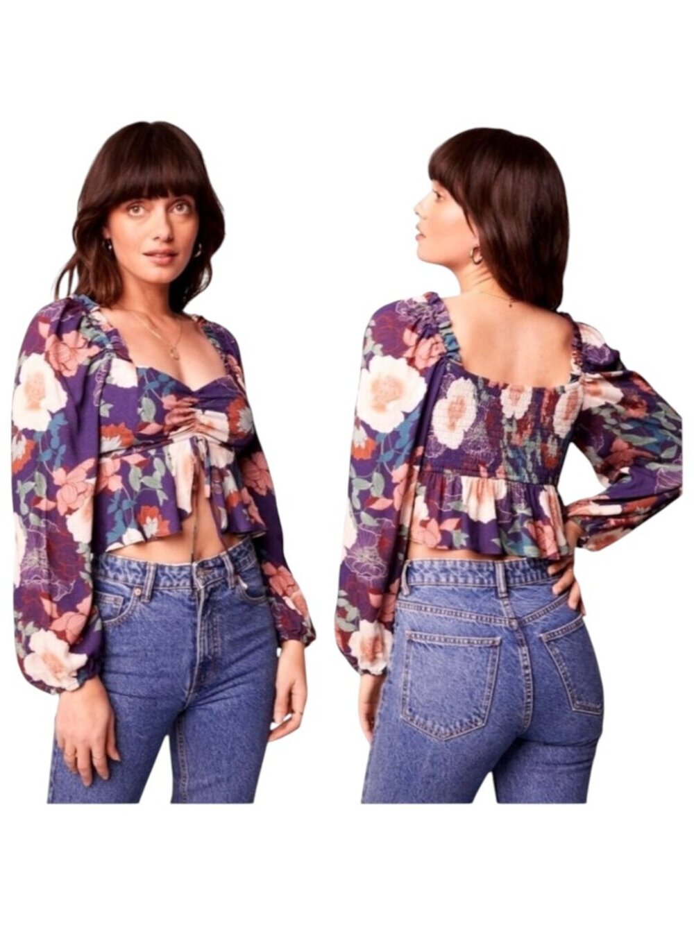 Band Of The Free Shirt Women Medium Purple Floral Puff‎ Sleeve Cropped Top NWT